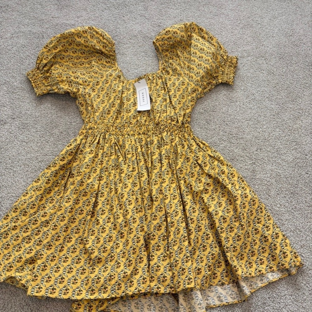 Rhode Anika Mini Dress Womens L Yellow Floral Puff Sleeve Peasant Boho Cottage - Picture 8 of 9